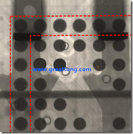 BGA錫球尺寸小于0.4mm，采用降低BGA內(nèi)圍襲球的錫膏量所得到X-Ray，稍微留意一下可以發(fā)現(xiàn)最外圈的錫量(圓的直徑)比其他內(nèi)圍的錫球上的錫量來得多一點點。也就是外圈的黑色圓形直徑比內(nèi)圈的圓形來得大一點點。