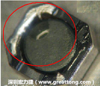 使用錫(Sn)鍍層的電源電感器(Power Inductors)，經(jīng)過(guò)推力測(cè)試后，其焊點(diǎn)還保留在零件的端點(diǎn)上，所以推力比較高。