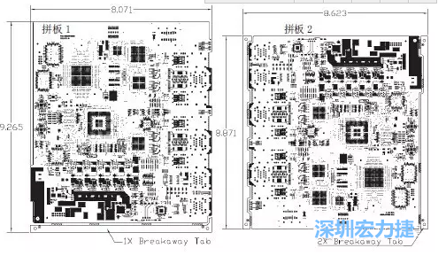 如圖7所示是使用不同數(shù)量邊條的拼板，拼板1僅使用了一個(gè)邊條，直接利用PCB另一邊作為SMT工藝傳送邊，并且PCB圖形中有合適的安裝孔；而拼板2則是按常規(guī)設(shè)計(jì)了兩個(gè)邊條。拼板方式為連接筋。圖中“Breakaway Tab”指邊條-深圳宏力捷