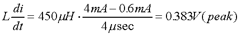 舉例來說，一個閘在"ON"而載有4mA的電流時，突然開關(guān)切到"OFF"且現(xiàn)在載有0.6mA的電流，假設(shè)開關(guān)時間為4msec，載有450mH的電感信號的導(dǎo)體，此時所產(chǎn)生的電壓突波為