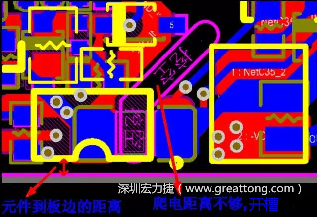 如果碰到模塊PCB空間有限，爬電距離不夠，可以采用開(kāi)槽的方式