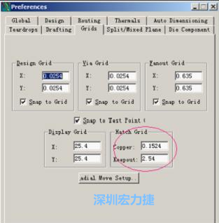  改銅皮的填充網(wǎng)格Global→Design Units，填充方向Drafting→Direction；Hatch Grid中Copper此數(shù)值為大銅箔中所填充的線條中心到中心的距離。