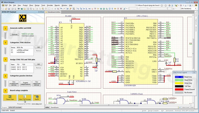 XJTAG DFT Assistant的Access Viewer模式可以清楚地顯示可用的測試存取層級，讓電路板設計人員在展開PCB布局以前的原理圖擷取階段盡可能地提高測試存取能力