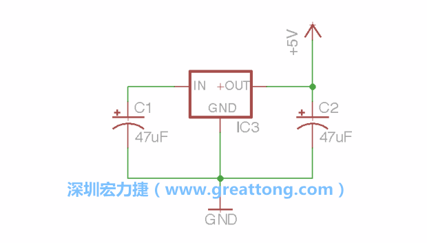 使用「新增（Add）」工具，選擇RBBB → Regulator，把Regulator元件放在畫面左上角的象限上，再使用新增工具來(lái)配置兩個(gè)Electrolytic_Caps元件、GND元件和+5V的信號(hào)供應(yīng)元件（RBBB → Supply），如圖所示。