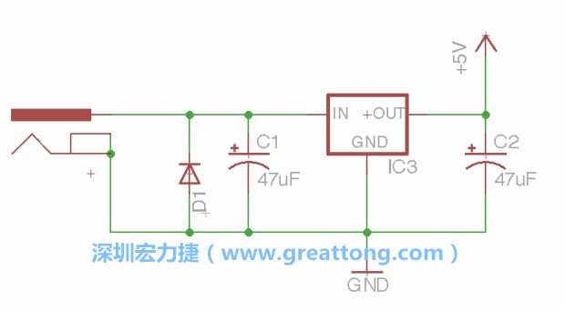 新增RBBB→Power_Jack，將它放在電壓調(diào)整器的輸入端旁邊。