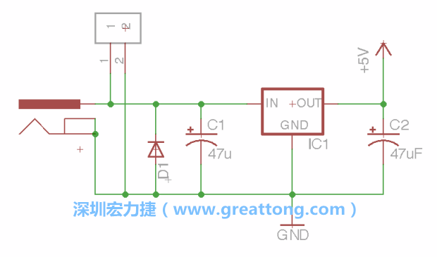 2.5.    新增一個(gè)二極體，它會(huì)以水平的狀態(tài)出現(xiàn)在屏幕上，請(qǐng)使用「旋轉(zhuǎn)（Rotate）」工具把它負(fù)極那一面朝上，并且用「網(wǎng)絡(luò)連接」工具將它連接在電壓調(diào)整器的輸入端和接地端之間。