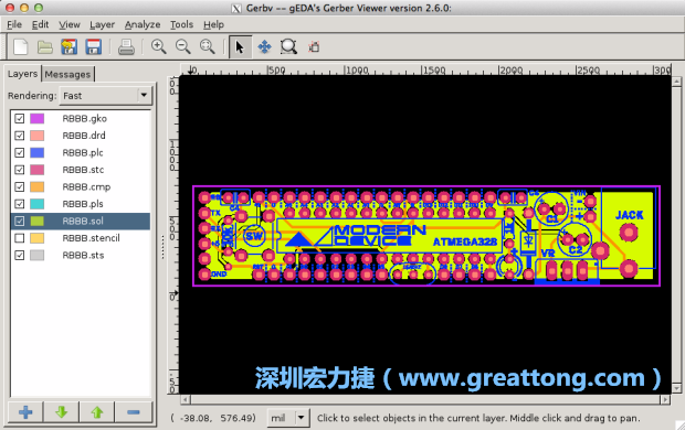 將圖層匯入你的Gerber預覽工具內(nèi)（下圖為Gerbv），我通常會從上到下重新排列它們的順序，好讓我比較好校對：