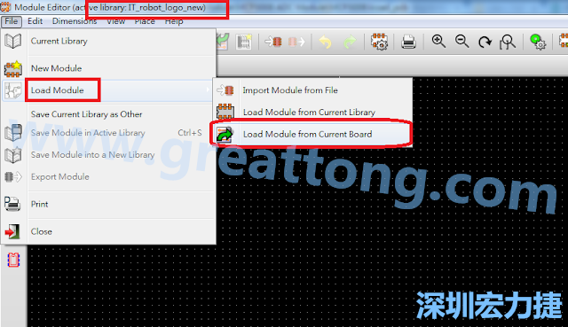 進入Module Editor去載入其他Footprint(Module)進來， 從目前的Active library (不過要先選取一個Current library ) 載入Module 或從目前正在編輯的PCB載入Module。