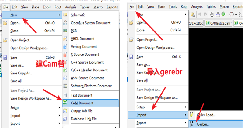 在File下新建 Cam檔，建后再File下導(dǎo)入Gerber文件，選擇所有文件導(dǎo)入gerber。